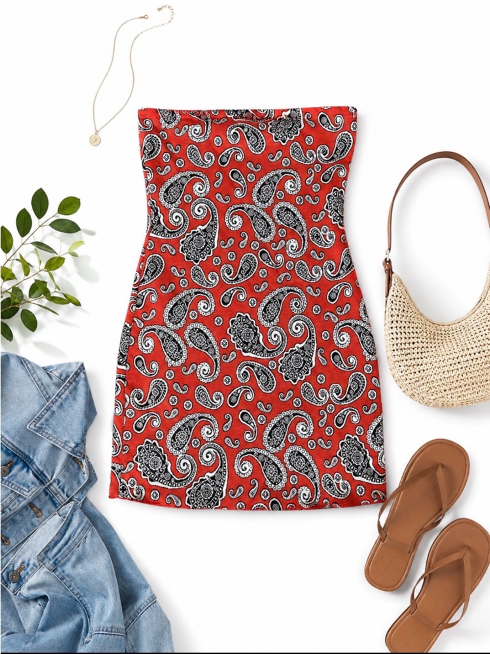 Urban Outfitters Red Paisley Strapless Mini Dress
